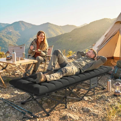 Outsunny Cama Plegable Camping con Colchón Extraíble de Tela Oxford 600D con Reposacabezas y Bolsa Carga 200 kg Negro