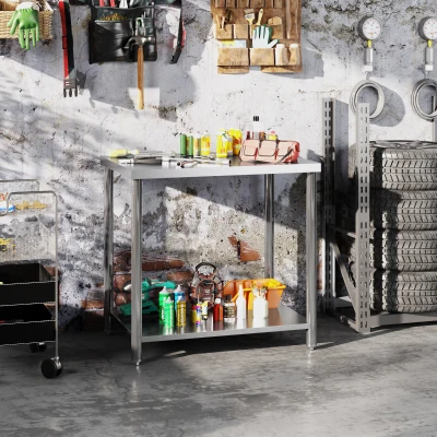 HOMCOM Mesa de Trabajo de Acero Inoxidable con 2 Estantes para Cocina Garaje Taller Carga 100 kg 90x60x86 cm Plata