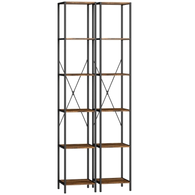 HOMCOM Set van 2 6-niveaus-boekenkasten, stalen frame, voor woonkamer, kantoor, slaapkamer, Rustiek-Bruin