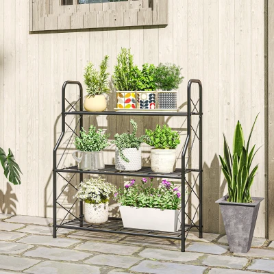Outsunny Soporte para Plantas de 3 Niveles Estantería Metálica Resistente para Interior y Exterior 69x28,5x78 cm Negro