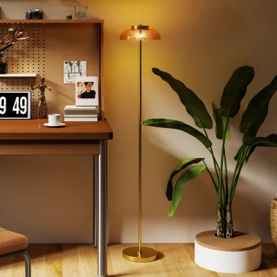 HOMCOM LED vloerlamp woonkamer, vloerlamp met 3000 K warm licht, voetschakelaar, 25 x 25 x 134 cm, Messing