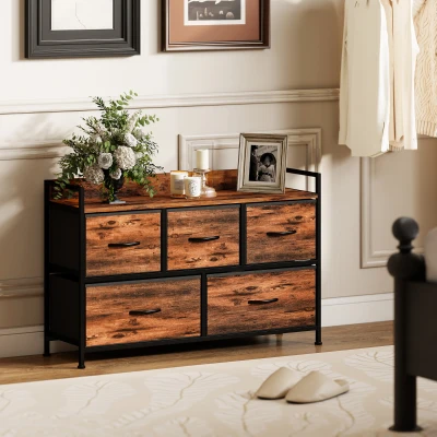 HOMCOM Cajonera de Tela con 5 Cajones y Marco Metálico Estilo Industrial para Salón Recibidor 98x29x63 cm Marrón Rústico