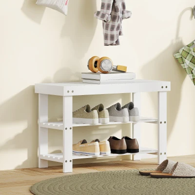 HOMCOM Schoenenbank bamboe met 2 legplanken, zitbank met opbergruimte, voor hal, 70x28x45 cm, wit