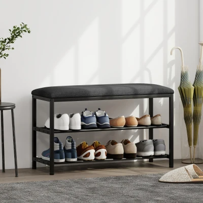 HOMCOM Schoenenbank met zitting, zitbank met opbergruimte, schoenenrek met 2 open vakken, zitbank 81 x 31 x 50 cm Zwart