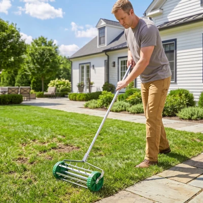Outsunny gazonbeluchter handvat lengte verstelbaar handverticuteer gazonbeluchter spiked roller gazon rollende gazonbeluchter onderhoud tuin verzinkte buis groen + zilver 135 x 42,5 x 15 cm
