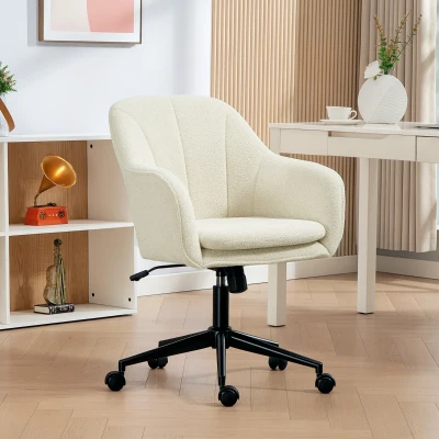 HOMCOM Bureaustoel met Stoffen bekleding in fluweeloptiek, Make-up stoel met gewelfde rugleuning, voor slaapkamer, woonkamer, Beige