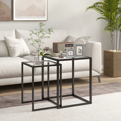 HOMCOM 2-delige set bijzettafels stapelbare nachttafel salontafel met stalen poten, modern voor woonkamer Zwart