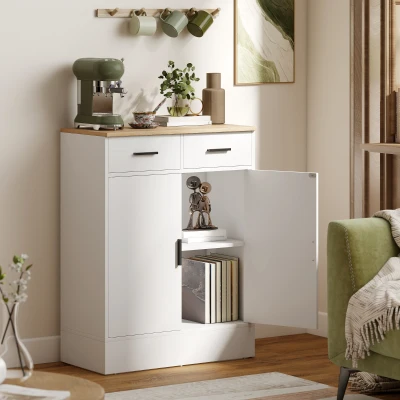HOMCOM Aparador de Salón con 2 Puertas 2 Cajones y Estantes Ajustables para Cocina Entrada Dormitorio 68,6x35x90,3 cm Blanco
