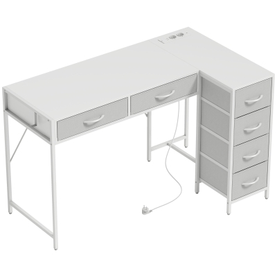 HOMCOM Secretária de Canto Reversível com 6 Gavetas 126x48 cm com Tomada de Energia Porta USB e USB-C Branco