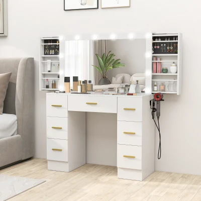 HOMCOM Kaptafel met Spiegel en 12 LED-lampen, Friseurtafel met 7 Lades, 6 Verborgen Opbergvakken, Spaanplaat, Wit