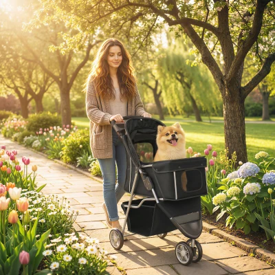 PawHut Carrito para Perros Pequeños con Cesta de Almacenaje Ventanas de Malla y Cinturón de Seguridad 77x44x102 cm Negro