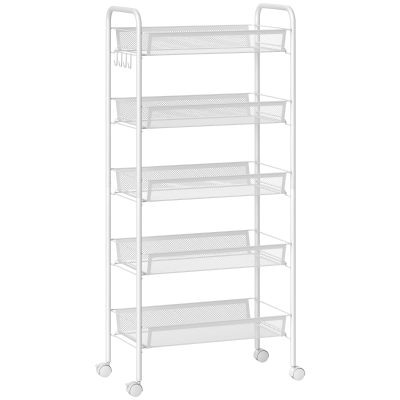 HOMCOM Keukentrolley met 5 draadmanden, 4 haken, 4 wielen, 2 handgrepen, staal/kunststof, 45x26,5x106 cm, wit