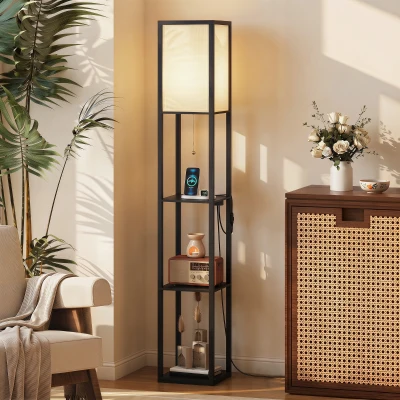 HOMCOM LED vloerlamp met planken, dimbaar, kettingschakelaar & stekkerdoos, zwart