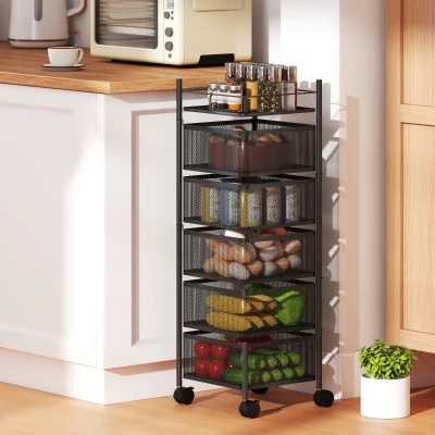 HOMCOM keukenwagen, 5 draaibare manden, 4 zwenkwielen, metalen frame, zwart