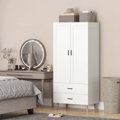 HOMCOM Armoire 2 Portes 2 Tiroirs Barre 80x54x180cm Blanc