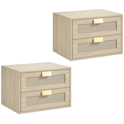 HOMCOM Juego de 2 Mesitas de Noche Flotantes con 2 Cajones con Frente de Ratán Natural para Dormitorio 40x30x27,6 cm Roble