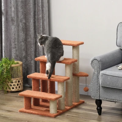 PawHut Haustiertreppe, Kratzbaum, 4-stufig, für Tiere bis 5 kg, 60x40x64cm, Braun