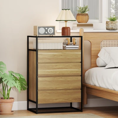 HOMCOM Cómoda Dormitorio con 4 Cajones Superficie de Vidrio Templado Estante Abierto Estructura de Acero 60x40x94,5 cm Teca