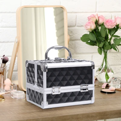 HOMCOM Estojo de Maquilhagem Organizador Cosméticos Profissional Portátil com Fecho e Vários Compartimentos 20x15x15 cm, Preto