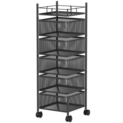 HOMCOM keukenwagen, 5 draaibare manden, 4 zwenkwielen, metalen frame, zwart