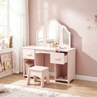 AIYAPLAY Coiffeuse Enfant Rose avec Tabouret, Miroir, 2 Tiroirs