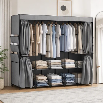 HOMCOM Dulap textil cu 5 bare 5 rafturi 6 buzunare laterale Cremallera Marco de Acero 212x45x167 cm Gris