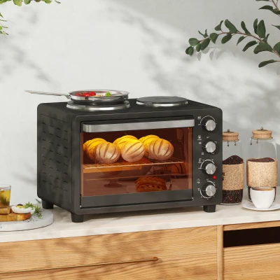 HOMCOM Forno Elétrico de Bancada 28L 2600W com Placas de Cozedura, Temperatura Ajustável, Temporizador e Tabuleiro, Preto
