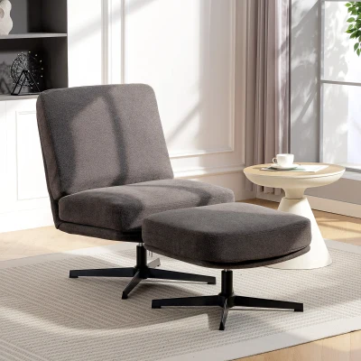 HOMCOM Fauteuil met hocker Draaibare loungestoel in linnenlook voor woonkamer Donkergrijs