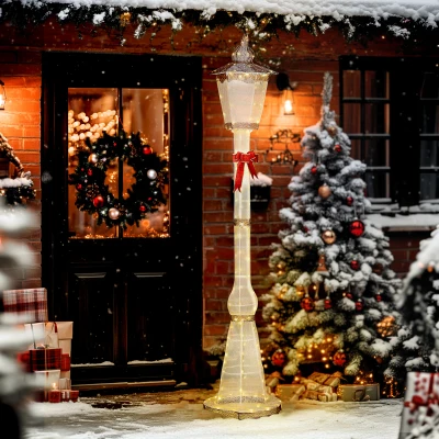 Outsunny 2,15 m verlichte lantaarnpaal, 155 LEDs, outdoor kerstlantaarn, rode strik, waterdicht, voor tuin, terras