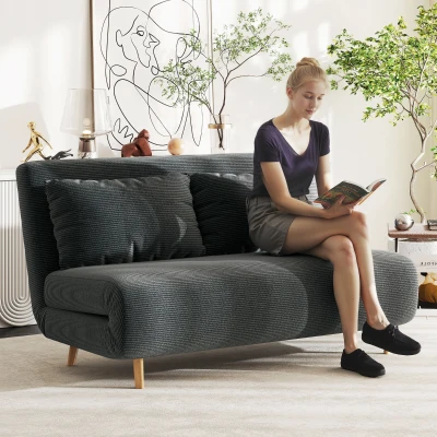 HOMCOM Slaapbank, logeerbed, 3-voudig verstelbare rugleuning, corduroy-look, tot 120 kg, 141 x 90 x 81 cm, Donkergrijs