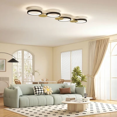 HOMCOM Plafondlamp LED 38W 1500LM 3000K-6500K plafondlamp woonkamerlamp met 4 lampen afstandsbediening Zwart+Goud