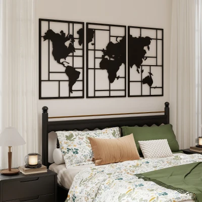 HOMCOM Décoration Murale Carte du Monde Métal Noir 3 Pièces
