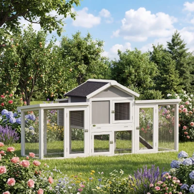 PawHut Poulailler Chalet Bois Gris 204x85x93cm Nichoirs Rampes