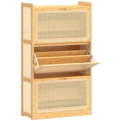 HOMCOM Zapatero Estrecho de Bambú con 3 Cajones Abatibles de Ratán para 18-21 Pares de Zapatos 69x29x119,8 cm Natural