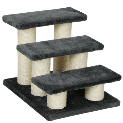 PawHut Hundetreppe 3 Stufen 34 cm Hoch Haustiertreppe für Hunde Katze Katzentreppe mit Kratzstamm Hunderampe Einstiegshilfe für Bett, Sofa, Couch Dunkelgrau