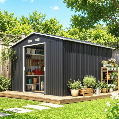 Outsunny Abrigo de Jardim Metálico para Armazenamento de Ferramentas com Base de Reforço Incluída e 4 Janelas 277x322x192 cm Cinza Escuro