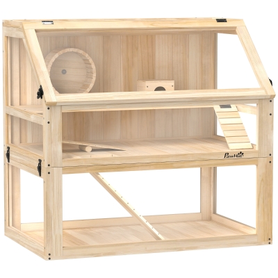 PawHut Gaiola para Hamster em Madeira com 3 Níveis, Base Funda Desmontável, Baloiço, Roda de Exercício, Rampas, Casinha, Natural