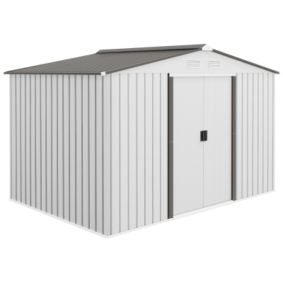 Outsunny Caseta de Jardín 277x195x192 cm Cobertizo de Exterior Metálico para Almacenamiento de Herramientas Plata y Gris