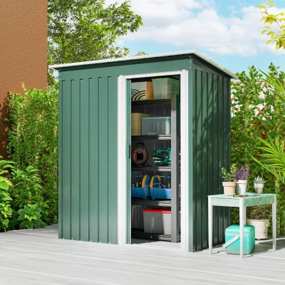 Outsunny Abrigo de Jardim Exterior 1,5 m² 163x89x182 cm Abrigo Metálico para Ferramentas com Porta de Correr e Teto Inclinado Verde