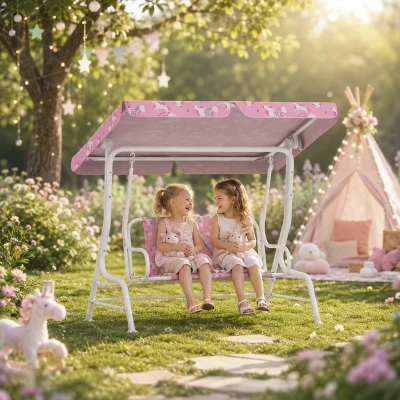 AIYAPLAY Kids 2-Seater Swing Bench with Canopy, Pink
