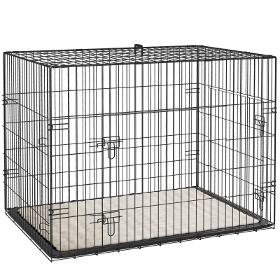 PawHut Gaiola Dobrável para Cães com Almofada, Portas e Tabuleiro Removível, 90 x 57,5 x 62 cm, Preto e Bege