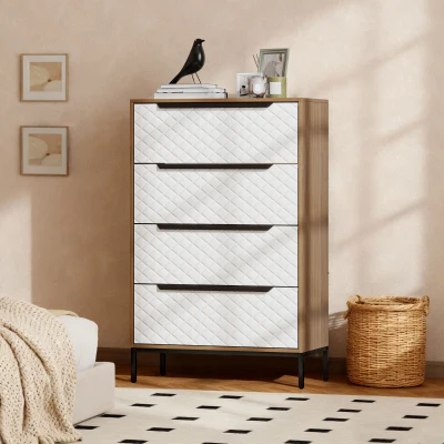 HOMCOM Cómoda con 4 Cajones de Tela Frentes con Patrón de Diamante para Salón Oficina Vestidor Natural y Blanco