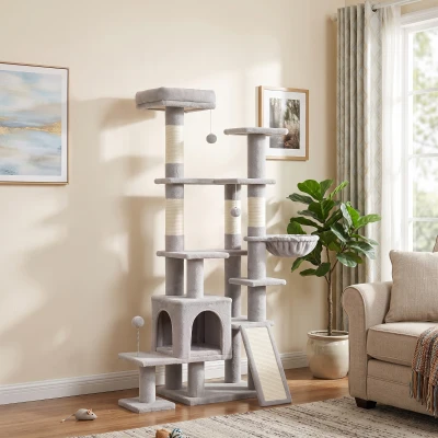 PawHut Arbre à Chat 152cm Gris Cabane Hamac Griffoir Sisal