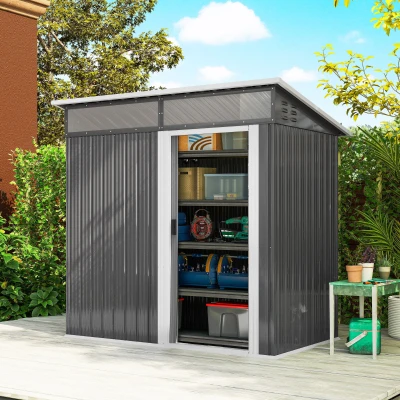 Outsunny Abrigo de Jardim 1,9m² 195x122x182 cm com Base Reforçada (Chão NÃO Incluído) Porta Corredera Janelas Abrigo de Ferramentas Cinza Escuro