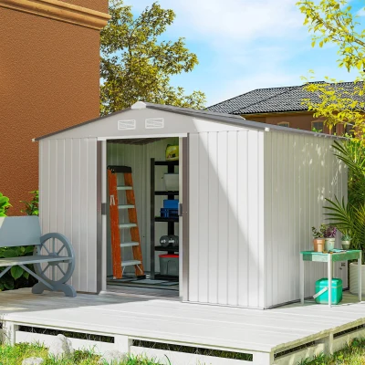 Outsunny Caseta de Jardín 277x195x192 cm Cobertizo de Exterior Metálico para Almacenamiento de Herramientas Plata y Gris