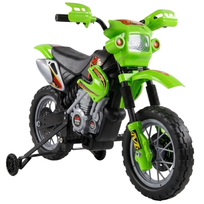 HOMCOM Moto Eléctrica para Niños con Ruedas de Apoyo Desmontables Faros y Música para Niños 3-6 Años Verde
