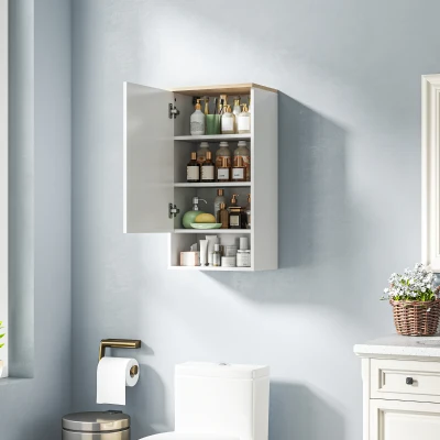 HOMCOM Pensile de Casa de Banho, Móvel Salvaspaço Suspenso com Porta, 3 Prateleiras e Compartimento Aberto, 2 Prateleiras Reguláveis, Sem Puxadores, Branco