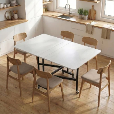 HOMCOM Table Pliante Mobile 6 Roulettes Freins Cuisine Blanc