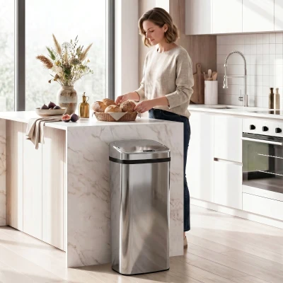 HOMCOM Sensor Mülleimer 50L Automatik Mülleimer mit Bewegungssensor, Wasserdichter Abfalleimer für Büro, Schlafzimmer, Küchen Edelstahl Silber