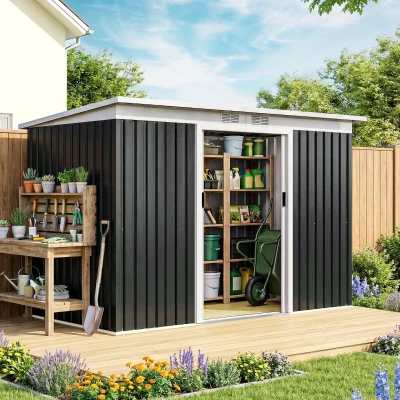 Outsunny Abrigo de Jardim 280x130x172cm Abrigo de Exterior de Aço Galvanizado com Porta Corredeira e Ventilações Cinza Escuro